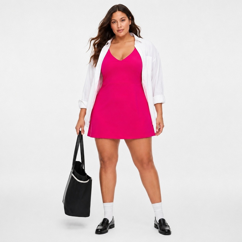 GapFit Bright Pink V-Neck Athletic Exercise Dress XXL Shorts Pockets Stretchy